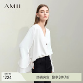 上衣 女飘逸法式 Amii2026春新款 简约纯色宽松V领双层荷叶边雪纺衫