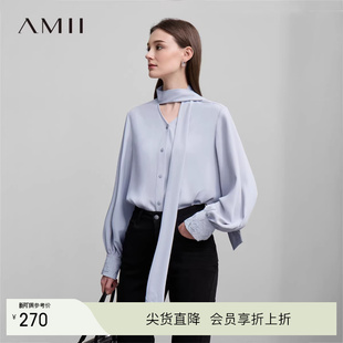 女宽松灯笼袖 雪纺衫 上衣 纯色知性宽松刺绣绑带长袖 Amii2026春新款