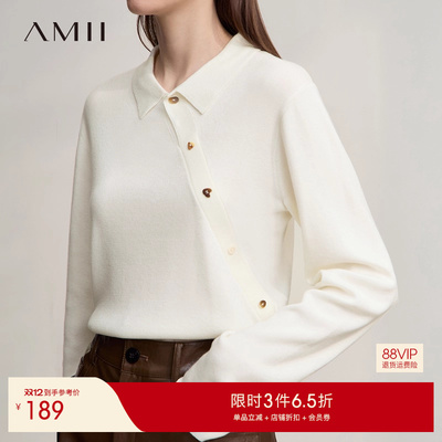 Amii2025秋新款休闲温暖翻领不规则异形扣不对称斜门襟毛衣女上衣