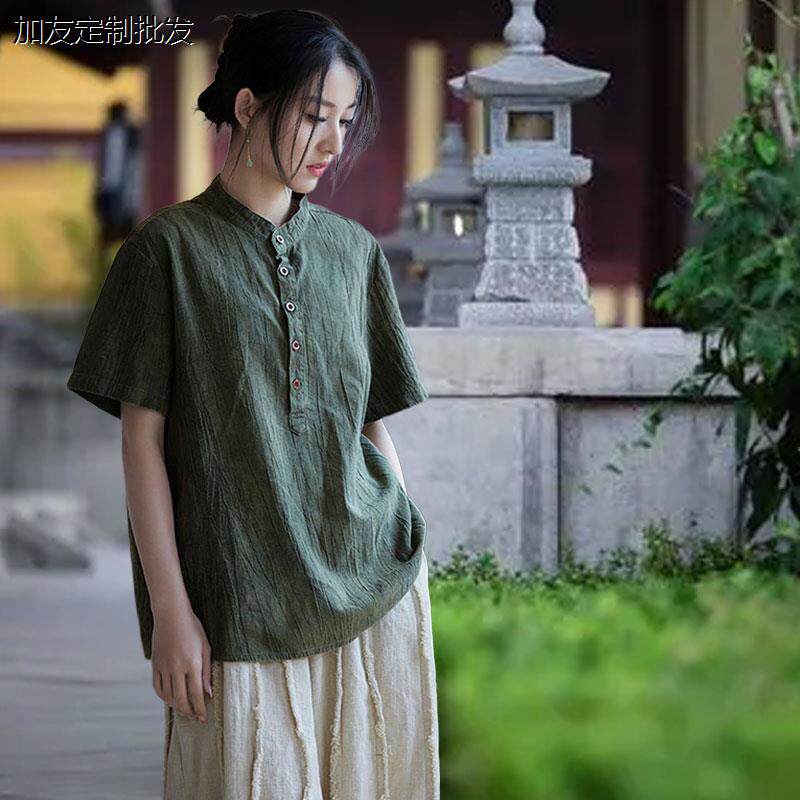 禅修居士服女款夏季短袖棉麻上衣中国风佛系禅意素衣套装打坐禅服