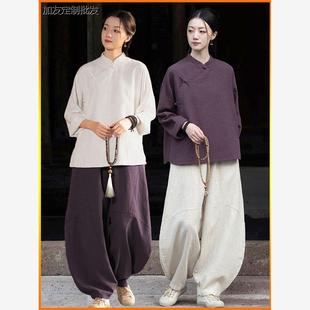 修行禅服女夏季佛系禅意女装中式斜襟上衣寺院居士服禅修服女套装