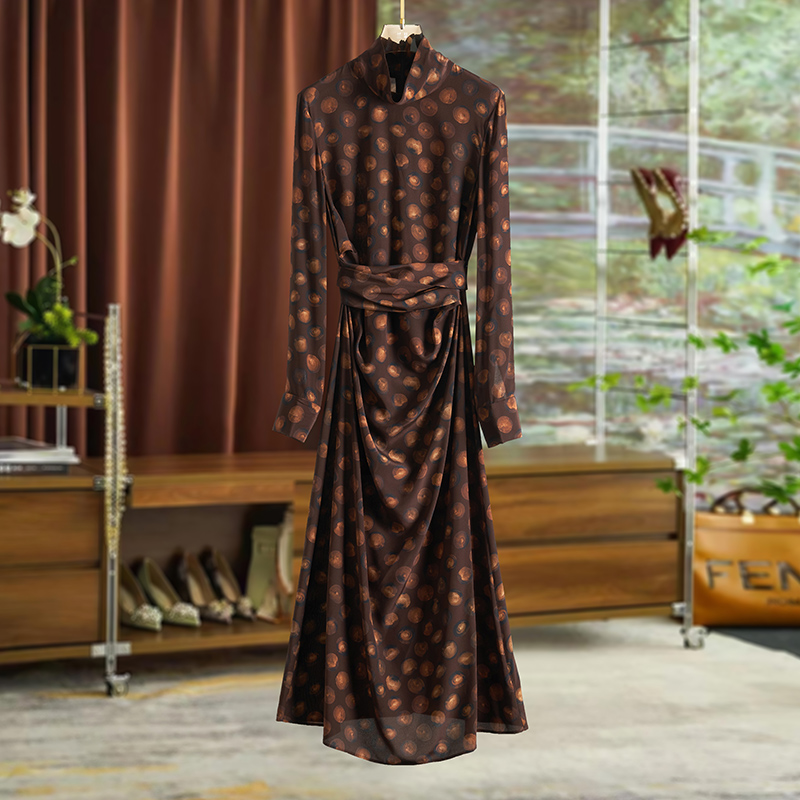 兰瑟显瘦气质真丝印花A字连衣裙女2025夏新款女装百搭中长款裙子