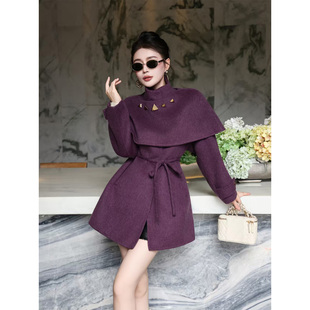 兰瑟2025冬季新款气质复古斗篷披肩短款双面羊毛呢外套呢子大衣