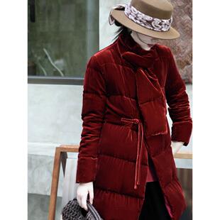 兰瑟儿冬季新款气质新中式国风围脖红色白鸭绒真丝丝绒羽绒服外套