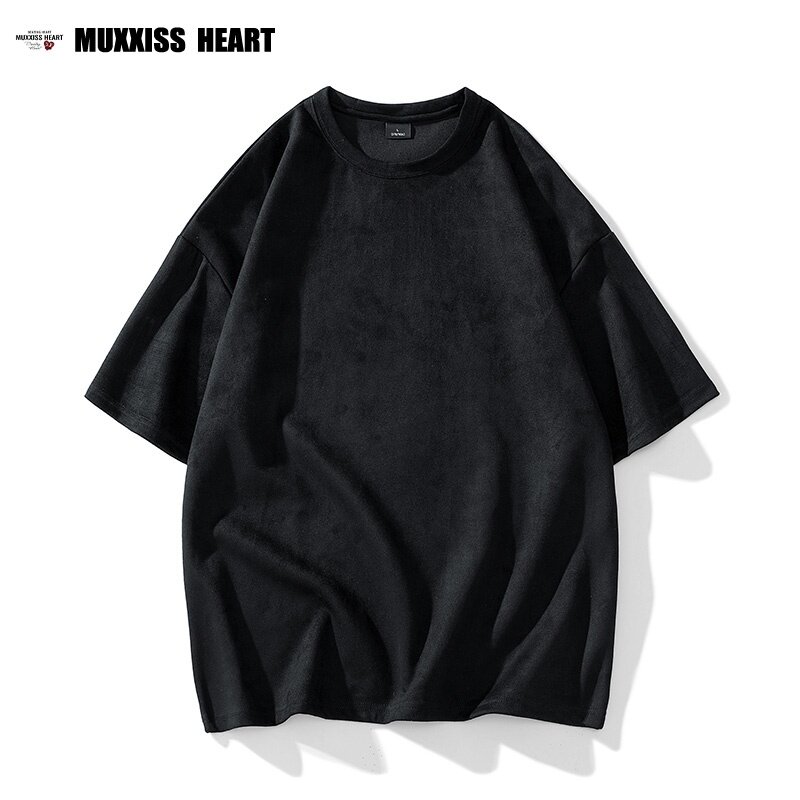 MUXXISS HEART/麦克斯桃心麂皮绒字母Logo星轨印花T恤男女同款图片