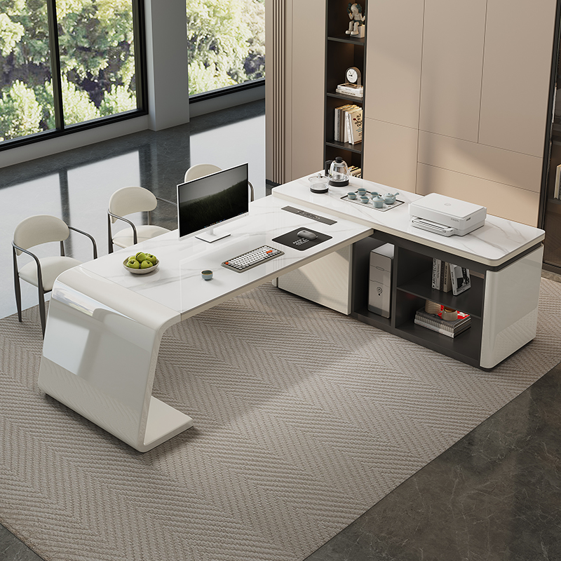 现代简约岩板茶桌椅组合电脑办公书桌办公一体高级感高端接待桌