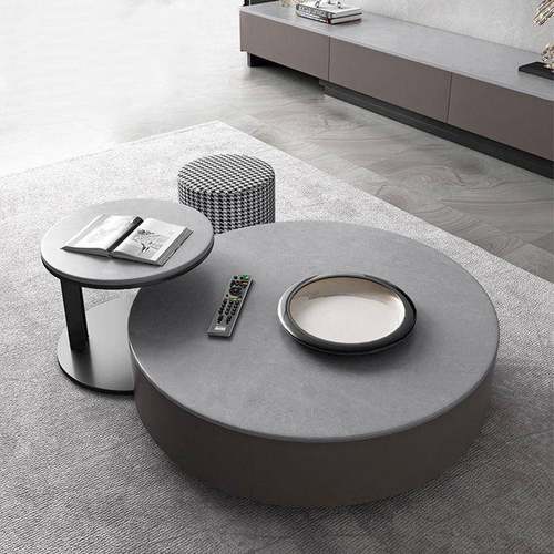 圆形岩板茶几套装带凳客厅家用意式轻奢现代简约落地柜伸缩电视柜