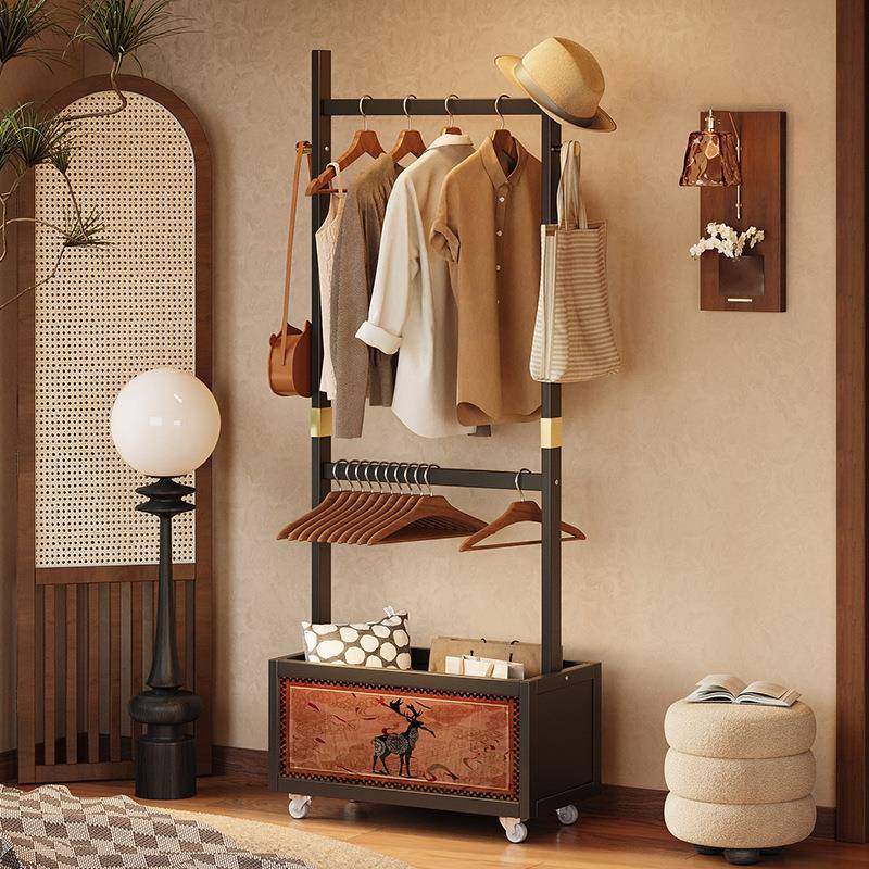 复古落地简易衣帽架带筐可移动带轮卧室轻奢收纳挂衣架家用衣架子