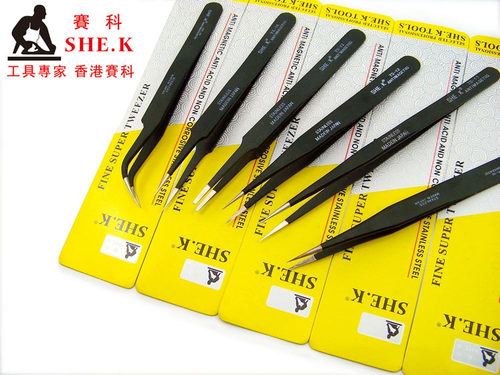 香港赛科SHE.K 防静电镊子 加硬不锈钢镊子 直 弯 扁 TS-1012345