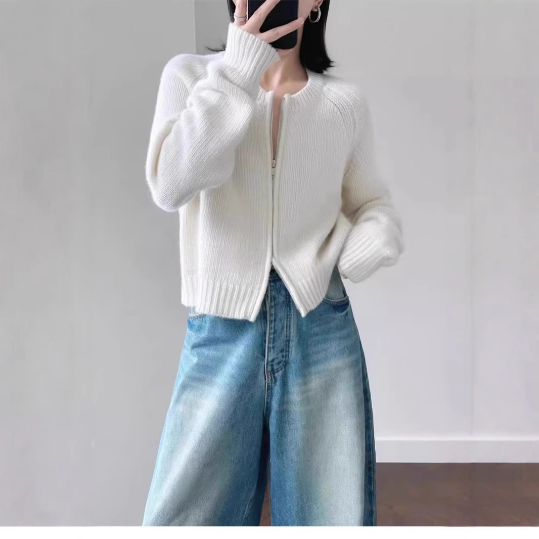 【刘雯同款】秋冬加厚100羊毛衫女圆领开衫毛衣外套宽松针织外搭