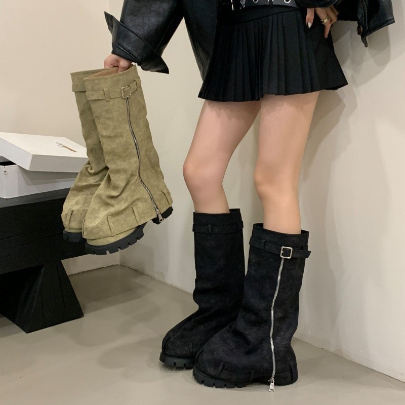 买手店明星同款个性侧拉链女厚底增高2025秋季新款长筒靴小个子裤