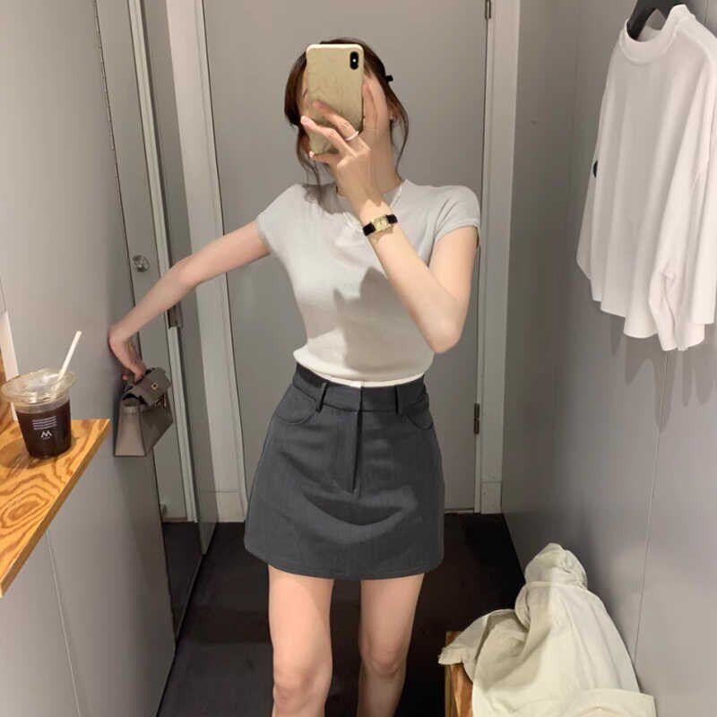 极速高腰裙裤女夏款小个子遮肉a字短裙I套装甜妹穿搭灰色西装半身