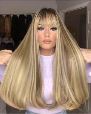 极速Euarope blonde long hair wigs bangs golden straight hair