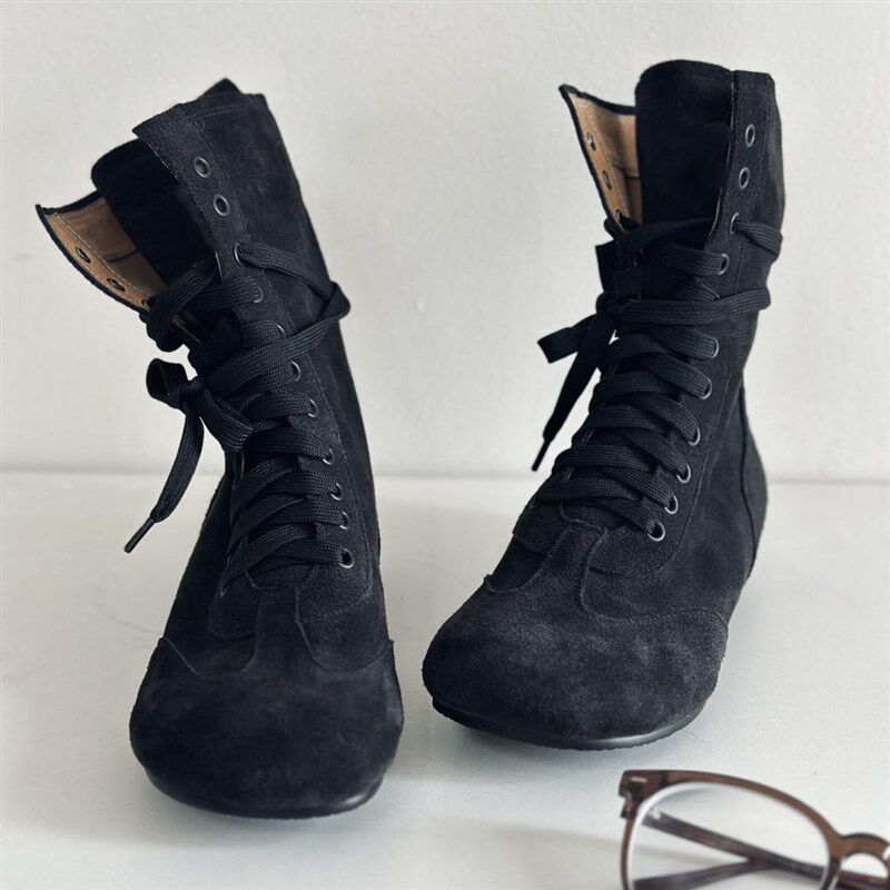 新品圆头靴子男高帮拳击靴帆布系带马丁靴男女平R底复古潮款牛仔