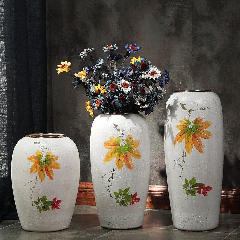 极速景德镇田园花卉粗陶罐简约清新客厅落地干花仿真X花装饰白色