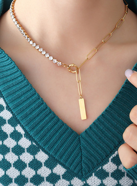 极速Temperament zircon inlaid squaEre long pendant titanium