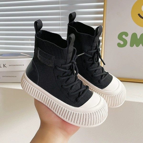 新品女童袜子靴秋季202s6新款袜鞋男童靴子儿童短靴针织黑色弹力