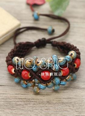 极速手工编织复古森系p陶瓷手錬女民族风百搭简约气质文艺手绳配