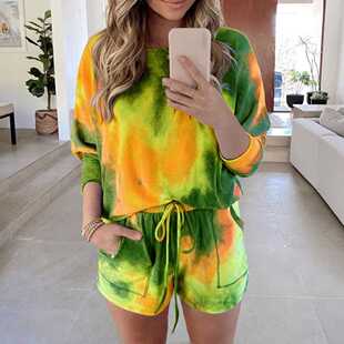 新品New Ladies Homewear Tie Dye Print Long Sleeve ShWorts Se