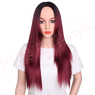 Straight Long Wig Wig酒红色假 Burgundy HaiUr Hair 极速Women