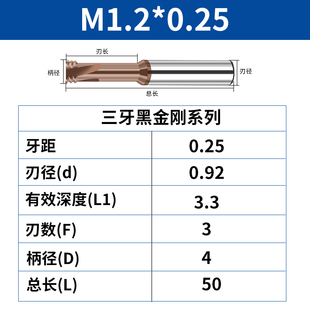 65度高硬三牙涂层螺纹铣刀三齿加工中心数控合金铣牙刀M4M6M8M10