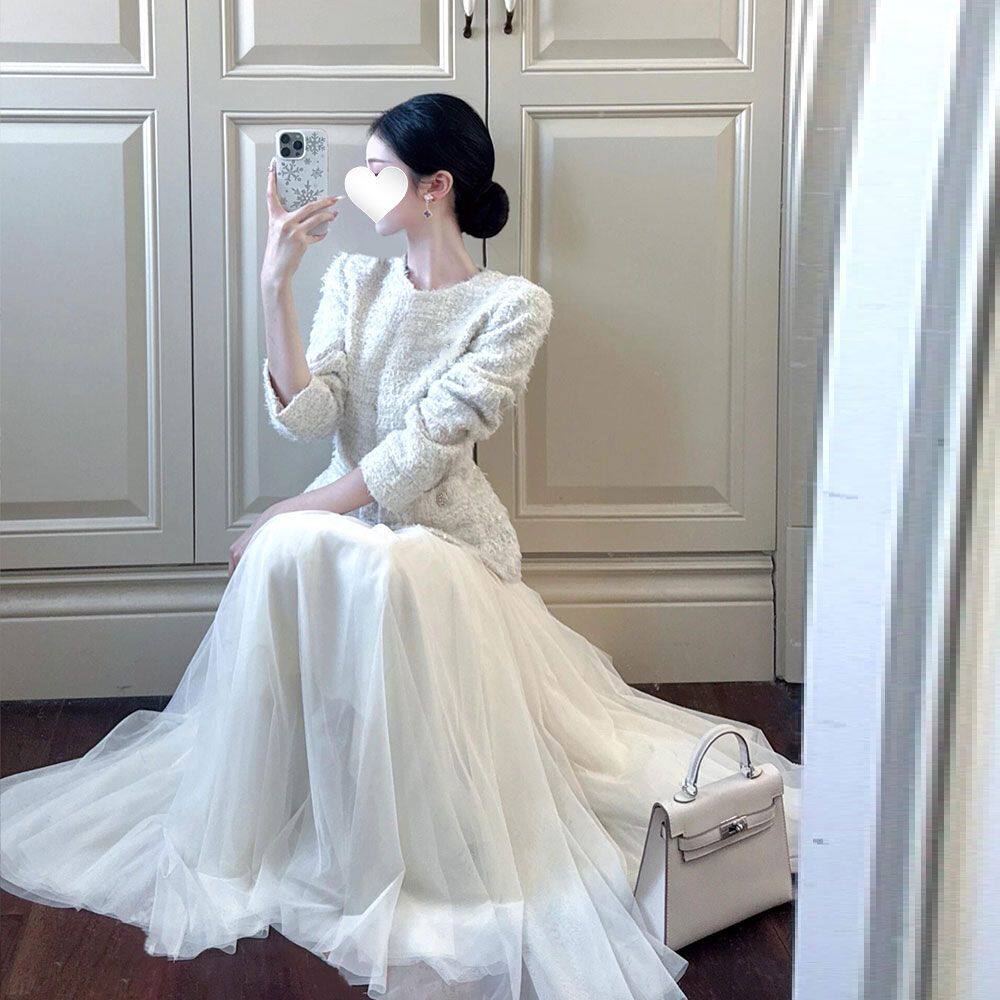 2025春季新款法式时尚小香风气质收腰外套休闲宽松网纱半身裙套装