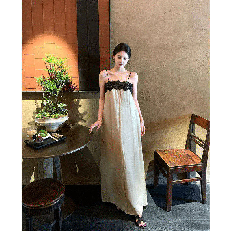 蕾丝拼接吊带连衣裙女2025夏季慵懒风两件套