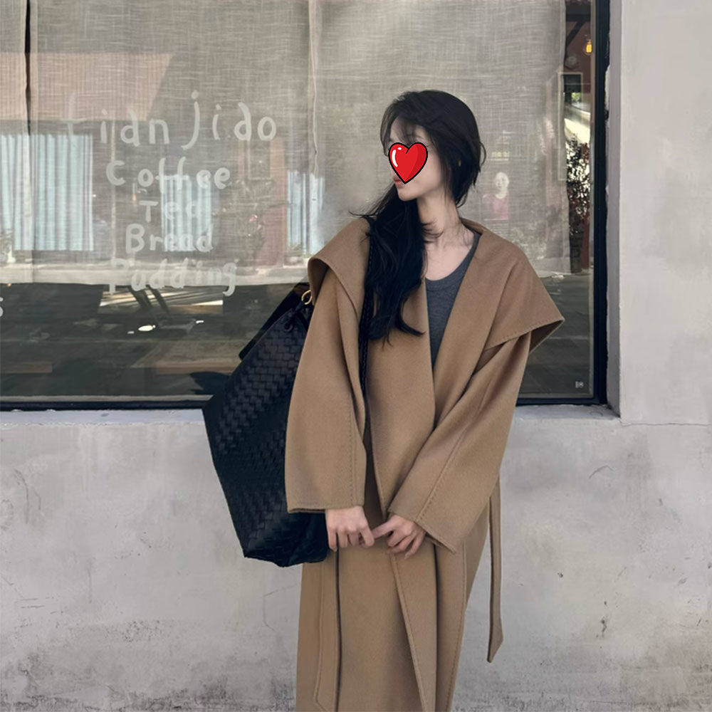 新款大翻领气质大衣双面水波纹中长款系带毛呢外套女