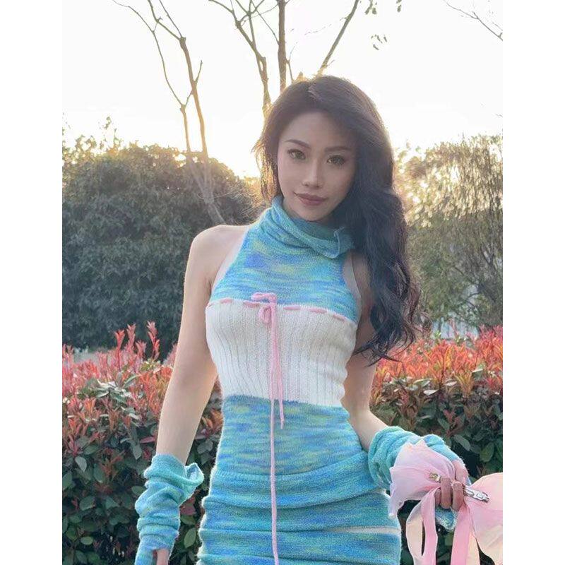马海毛撞色三件套裙时尚套装秋冬新款设计感非常出片的裙子