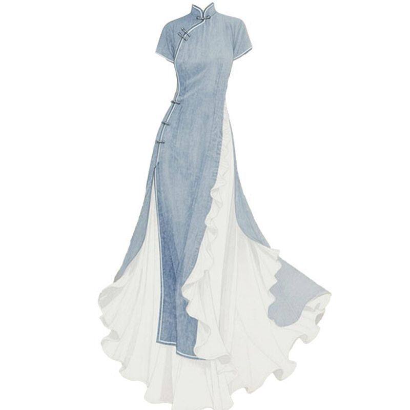 新中式盘扣旗袍假两件牛仔连衣裙2025夏季民族风新款收腰显瘦长裙