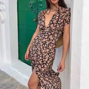 Rouje连衣裙法式复古显瘦碎花欧美风深v小众修身显身材v领裙子