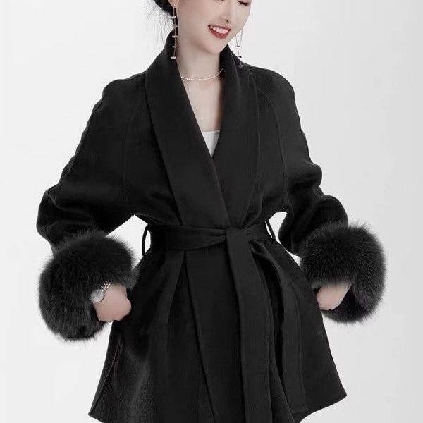 2024新款双面羊绒羊毛小个子大衣仿狐狸高级秋冬气质短款外套
