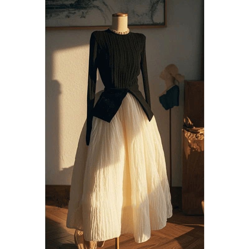 韩系高级感穿搭套装黑色开叉气质上衣杏色半身裙两件套女春季2025