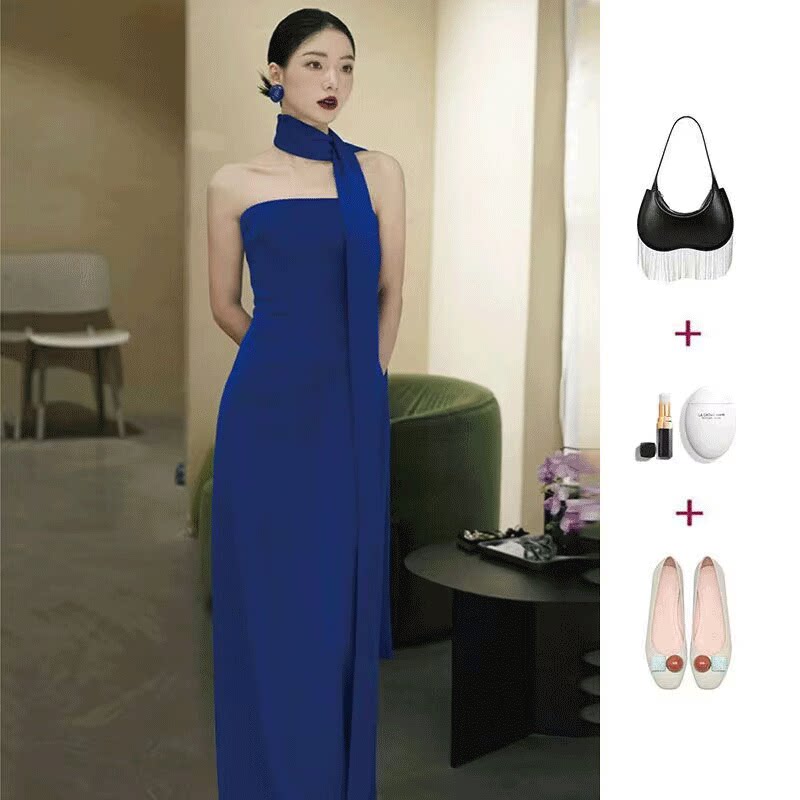 晨袍新娘结婚出阁宴敬酒服蓝色抹胸连衣裙小众高级感