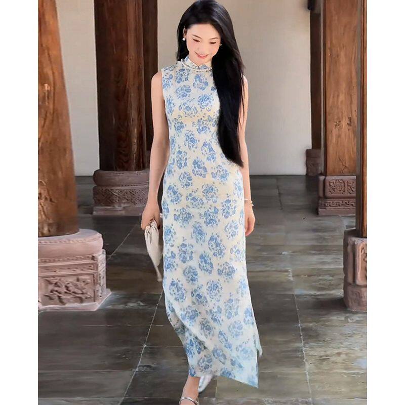 新中式印花无袖连衣裙高端精致新款改良旗袍超好看收腰开叉长裙子