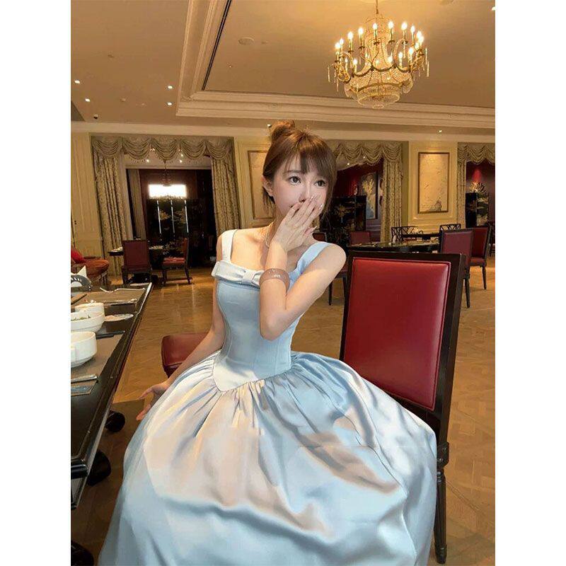 法式吊带连衣裙女生日晚礼服裙高端轻奢小众蝴蝶结缎面公主蓬蓬裙