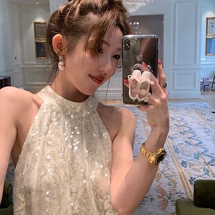 天生的大小姐法式亮片挂脖高端精致连衣裙2023新款女夏气质显瘦