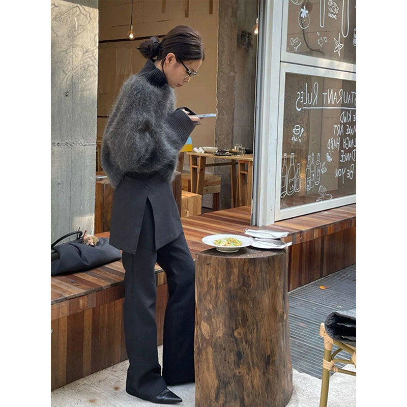 冬天搭配一整套韩系高级感穿搭套装深灰色毛衣拼接阔腿裤两件套女