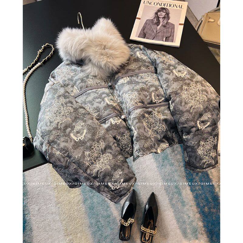 高端新中式羽绒服女2024冬新款国风可脱毛领重工提花气质时尚外套