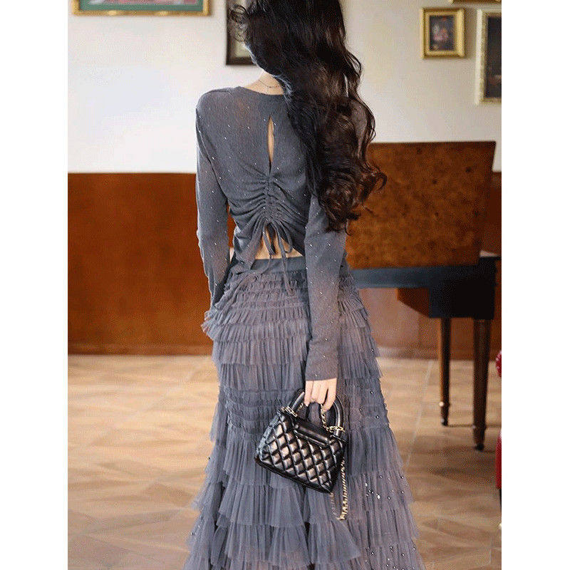 高级感女人味气质两件套装女2025新款针织上衣网纱蛋糕裙轻奢爆款