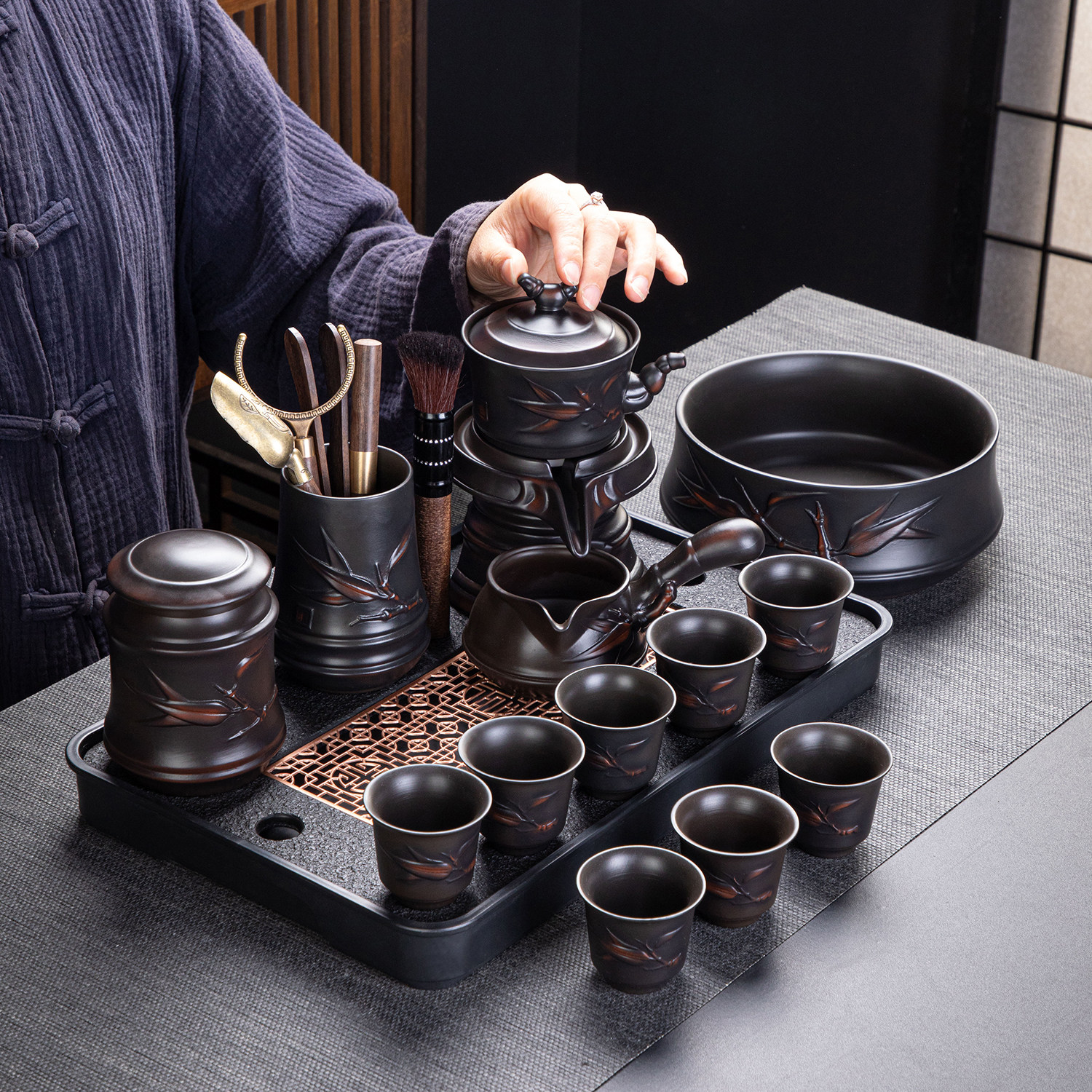 紫陶功夫茶具礼盒套组懒人茶具泡茶器家用全自动石磨功夫茶具配件
