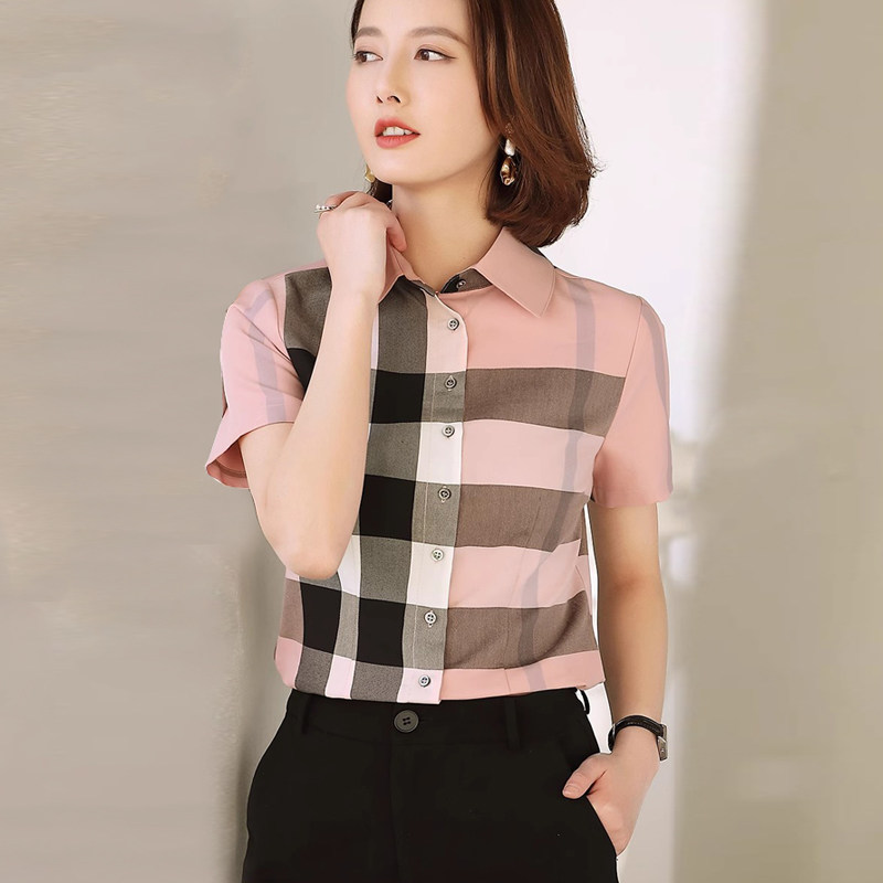 欧式风胖mm大码女装夏季高级感轻奢休闲上衣减龄短袖粉色格子衬衫,女装/女士精品,大码内搭,淘宝优惠券,粉丝福利购,淘宝优惠卷