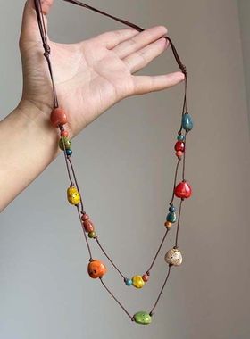 民族风彩色爱心串珠项链