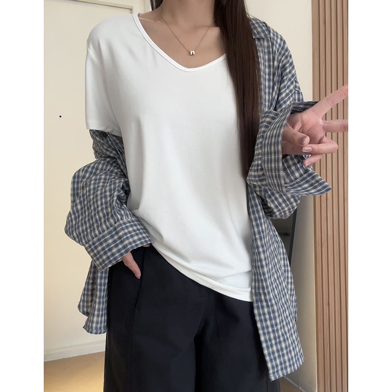 速发大码白色v领正肩短袖女t恤夏新款胖mm遮肚子显瘦宽松欧货上衣