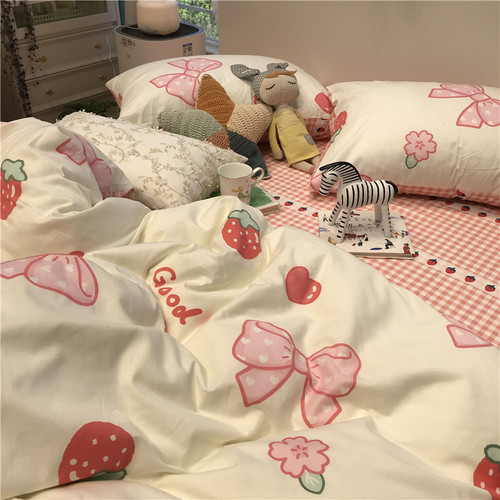 新品insc粉色少女心床上四件套全纯棉被套1.5m1.8三件套床单草莓