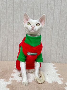 极速无毛猫德文猫咪衣服秋冬加厚兔毛高领毛衣纯棉红绿Z潮流撞色