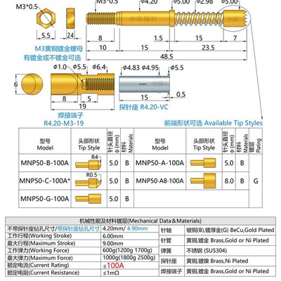 极速中探MNP50-Am B G A8 大电流探针 持续100A铍铜镀厚金 低阻抗