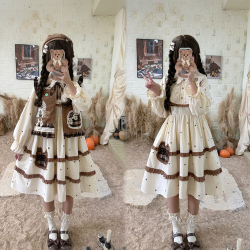 现货-秋日小熊-原创重工刺绣森女系童趣日系春秋连衣裙套装