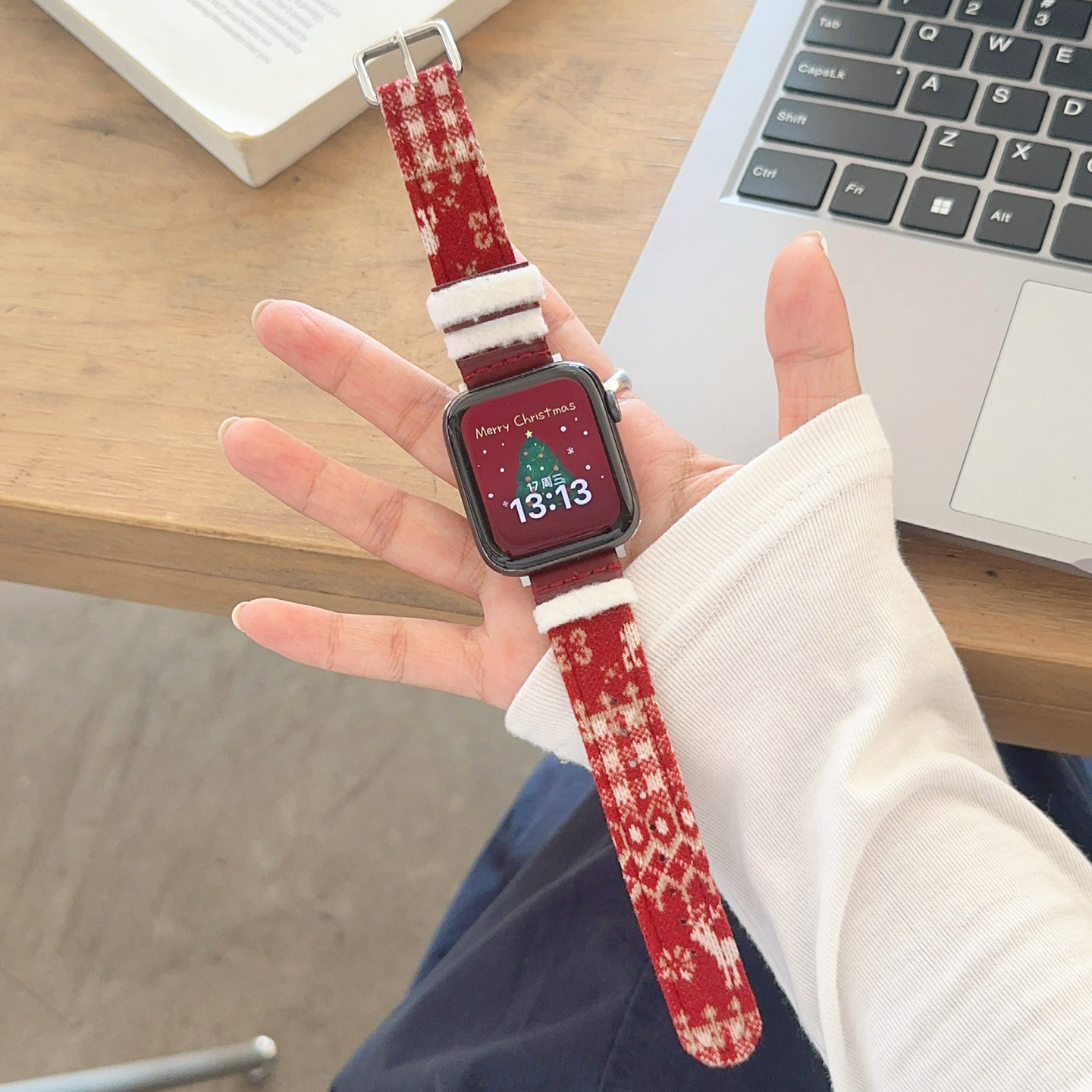 壳里斯iwatch表带S10麋鹿毛呢皮革毛绒圣诞费尔岛S11小众设计新款s9适用SE3苹果Applewatch手表S8高级感Ultra