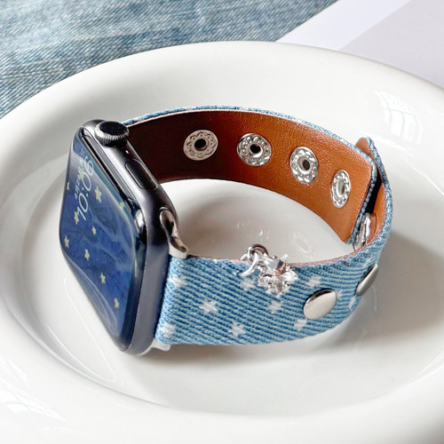 适用iwatch表带牛仔星星钉扣皮革